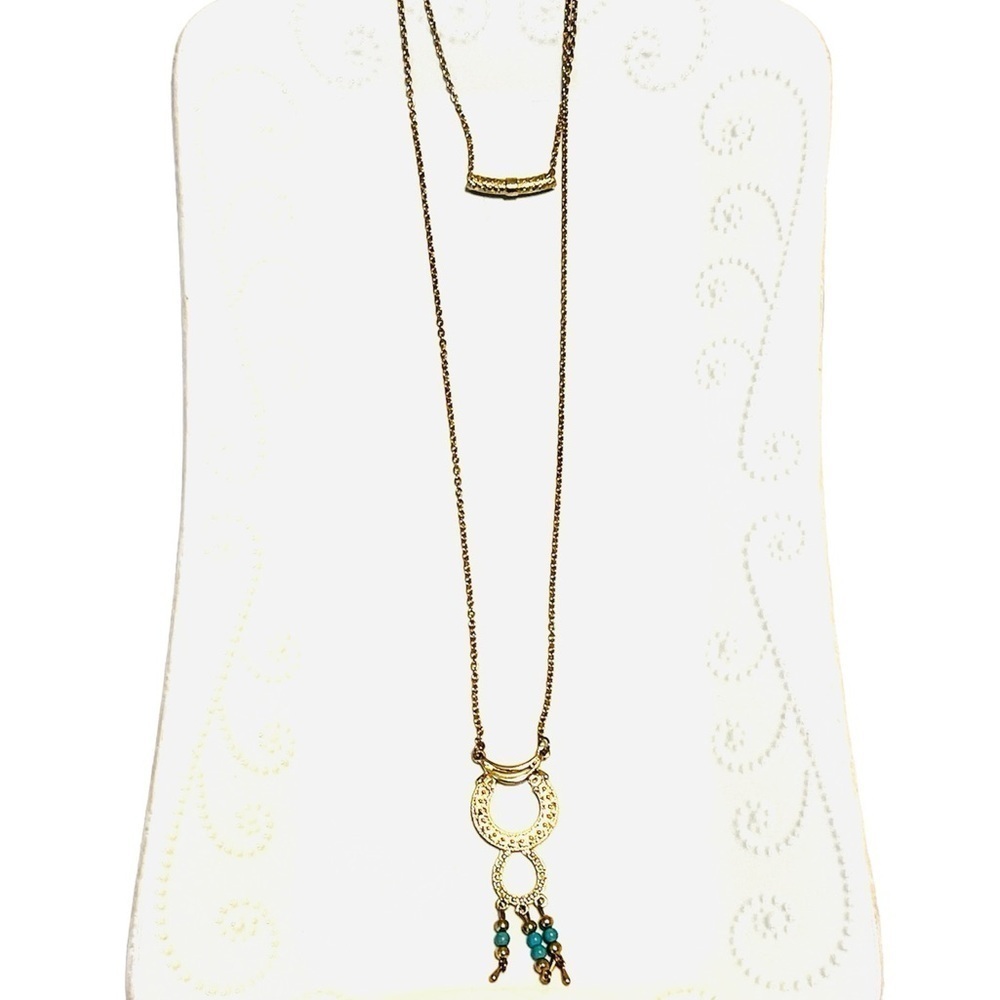 2/$15 - Boho Double Hoop Drop Necklace Gold & Turquoise Statement Necklace NWT